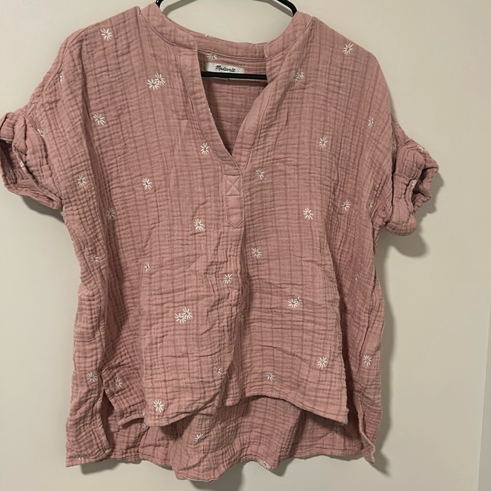 Madewell 100% Cotton Pink Floral Embroidered Blouse Boho Cottagecore Oversized